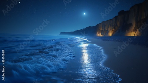 Coastal scene at night with moonlit waves and cliffs
