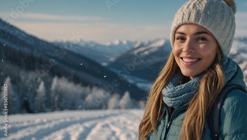 Imagine an 8K ultra-realistic and cinematic photograph of a cheerful woman in winter clothes, looking directly at the camera with a bright smile, surrounded by a picturesque snowy landscape.