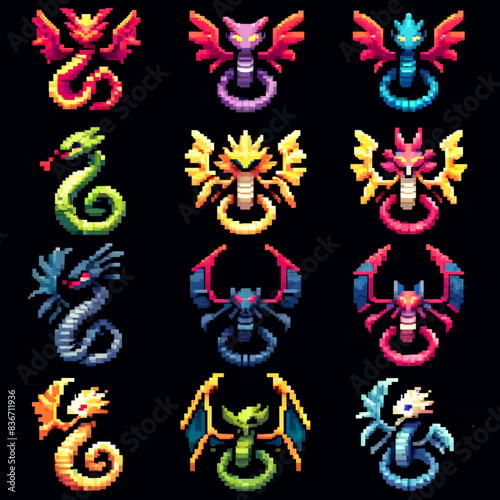 RPG hydras pixel art icons spritesheet with unique designs