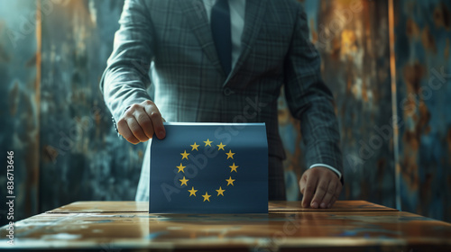 the man is holding an european union flag in front of a voting box with copyspace, in the style of light gray and light bronze.