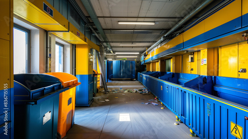 Experience the tidy interior of a meticulously laid-out recycling center in Germany, boasting separate recycling stations, a gleaming environment, and an aura of optimism for a cleaner future, capture