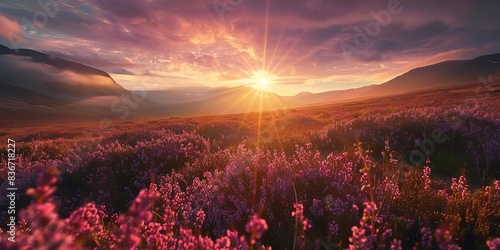 Sunrise over a moor with wild heather.