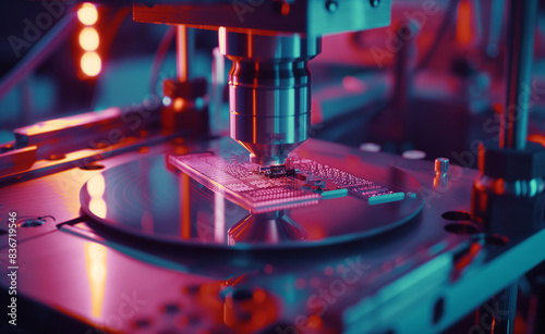 Extreme ultraviolet lithography (EUV) process in AI chip manufacturing, showing a silicon wafer being etched with precise patterns, with high-tech EUV machinery and laser beams in the background.