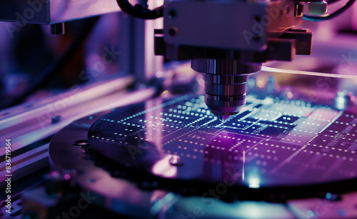 Extreme ultraviolet lithography (EUV) process in AI chip manufacturing, showing a silicon wafer being etched with precise patterns, with high-tech EUV machinery and laser beams in the background.