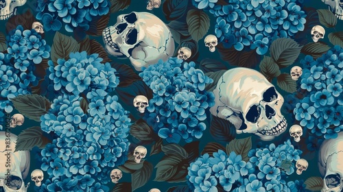 Cerulean hydrangea floral with skulls in a dark,moody repeating pattern. This atmospheric,vintage-inspired design features a lush,botanical arrangement of blue hydrangea blooms alongside human skulls.