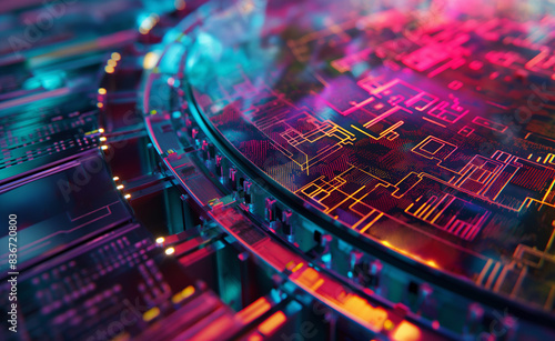 Atomic layer deposition process in AI chip production, highlighting the precision in depositing ultra-thin layers on a silicon wafer. The background includes molecular structures. 