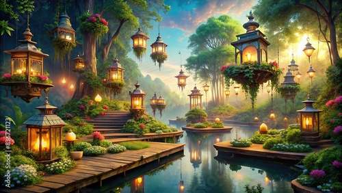 Floating platforms adorned with lanterns and lush greenery in a whimsical fantasy setting