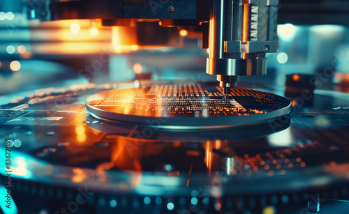 Atomic layer deposition process in AI chip production, highlighting the precision in depositing ultra-thin layers on a silicon wafer. The background includes molecular structures. 