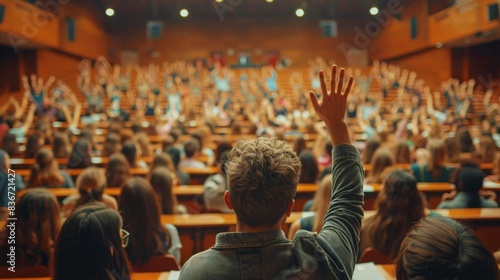 Crowd in lecture hall raising hands