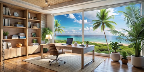 Serene tropical beach home office interior with ocean view
