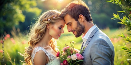 Romantic concept of a masculine man and beautiful woman couple in a serene setting