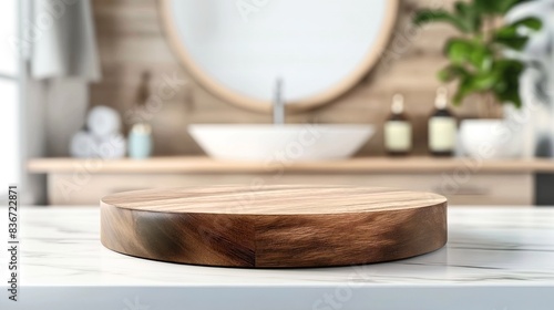 Wooden cutting board on a marble countertop in a modern bathroom with a sink, mirror, and various toiletries blurred in the background.