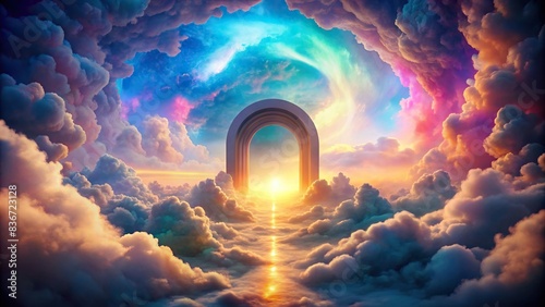 Colorful portal to heaven surrounded by dreamy clouds