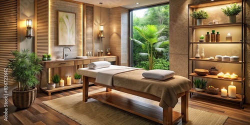 Luxury spa setting with massage table and facial products in a serene room