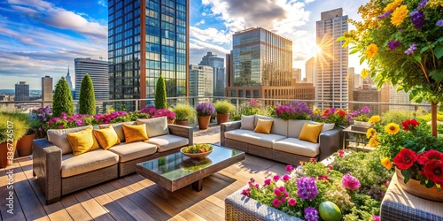 Sunny terrace filled with colorful flowers, plants, and cozy sofas for relaxation in a skyscraper