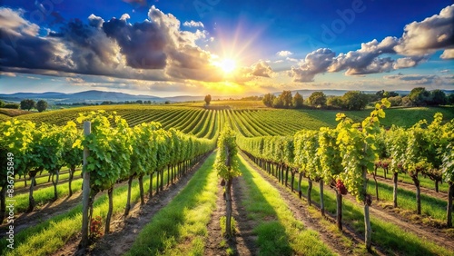Serene vineyard landscape with rows of grapevines on a sunny day