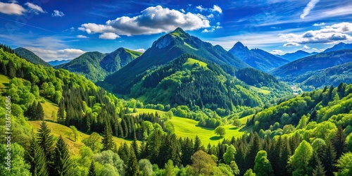 Green mountain landscape with lush forest and clear blue skies