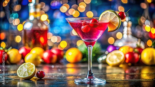 Colorful and refreshing cold cosmopolitan cocktail with a background