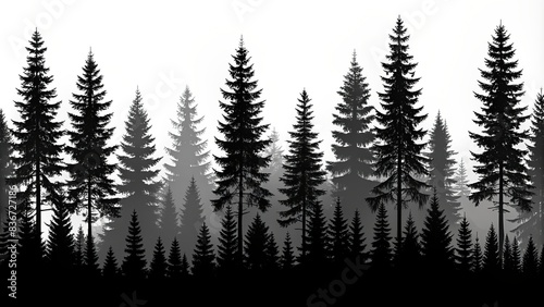Silhouette of treeline forest trees on white background for nature panorama