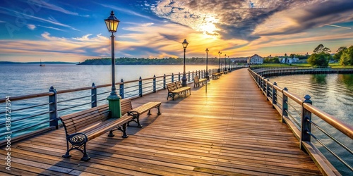 Scenic waterfront boardwalk without people