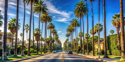 Palm tree-lined street under blue sky in Southern California , palm trees, street, sunny, California, blue sky, summer, vacation, travel, landscape, scenic, road, scenic, tranquil, serene