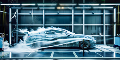 car in a wind tunnel for automotive testing, streams of smokey air around the car show the aerodynamics