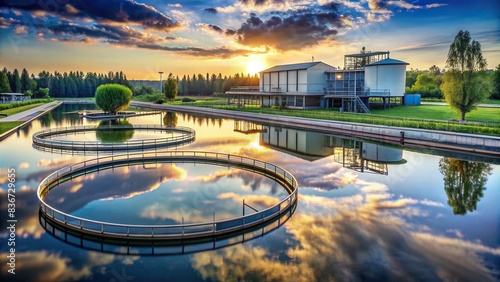 A serene landscape of a wastewater treatment plant reflecting in a calm pond