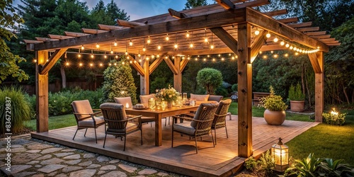 Cozy outdoor dining area with wooden table and chairs under gazebo adorned with string lights, wooden table, chairs, gazebo, string lights, outdoor, dining area, cozy, inviting, patio