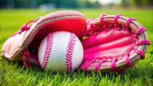 A close-up of a pink and white fastpitch softball glove with ball on grass field
