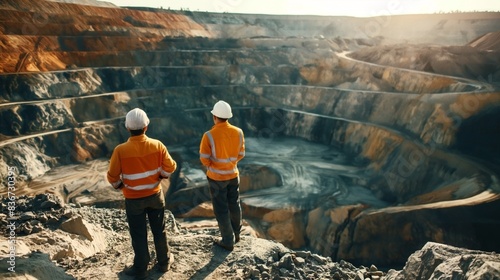 Two workers in safety gear overlooking a large open-pit mine during sunset, highlighting the expansive scale and depth of the mining operation.