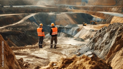 Two workers in safety gear observe an open-pit mining operation, with excavators and trucks in the background of the expansive quarry.
