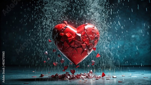 Exploded broken red heart shattered into pieces on dark background with rain, breakup concept