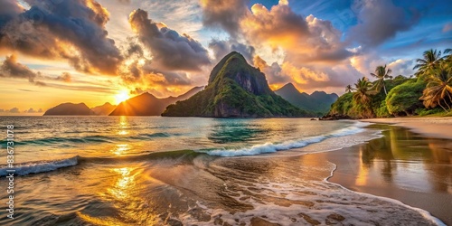 Slow motion sunset over a tropical mountain island with ocean waves at sand beach in El Nido, Philippines