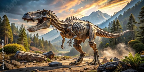 A detailed stock photo of a realistic dinosaur fossil in a natural setting