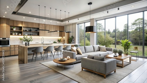 Modern minimalist home interior with clean lines, sleek furniture, and neutral colors, featuring an open-concept living space connected to a spacious kitchen bathed in natural light