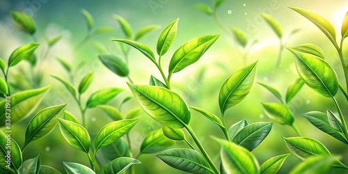 Realistic green tea leaves swaying in the wind