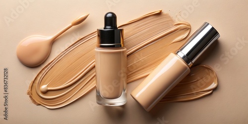 Beauty product with matte concealer, liquid foundation, and cream smudges on beige background , makeup, cosmetics, beauty, skincare, concealer, foundation, bb cream, cc cream, liquid, matte