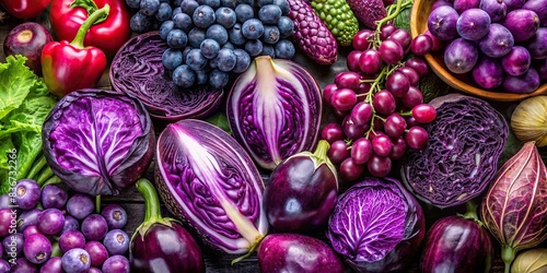 A selection of beautifully arranged purple produce, including eggplant, grapes, and cabbage