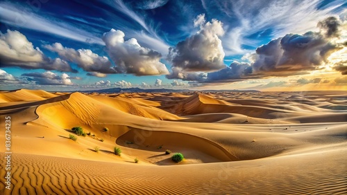 Panoramic shot of vast sand dunes in a desert landscape