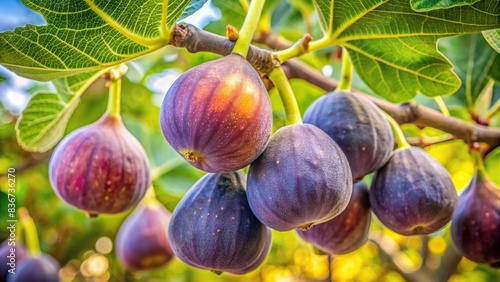 Close-up of plump ripe figs hanging from a tree in a sustainable backyard garden