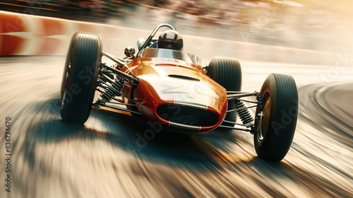 Vintage race car speeding on a track during a race, with blurred motion to emphasize the high speed and dynamic action.