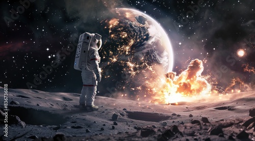 Astronaute sur la lune, debout, regardant la terre exploser dans l'espace, scène épique de science-fiction.