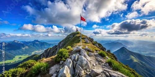 A scenic view of a mountain summit with a small red flag planted at the top , achievement, success, victory, mountain peak, triumph, conquer, accomplishment, challenge, adventure, goal