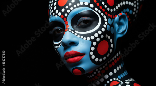 Portrait d'une jeune femme avec un maquillage stylisé à base de teintures multicolores, peau bleue, fond noir.
