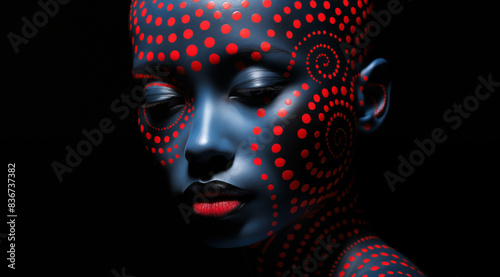 Illustration d'une femme avec des points colorés peints sur le visage, peau bleue, fond noir.