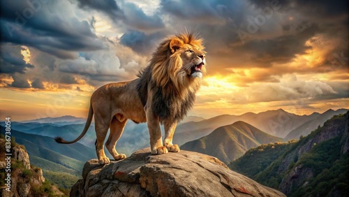 Roaring lion standing on a mountain cliff , lion, roaring, predator, wild animal, majestic, powerful, landscape, mountain, nature, wilderness, roar, fierce, king of the jungle, mane, strength