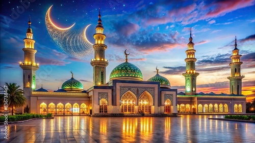 Beautiful night mosque for Ramadan Kareem celebration , mosque, night, Ramadan, Kareem, background, beautiful,animation, peaceful, sky, stars, crescent, Islamic, architecture, spirituality