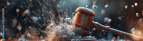 Close-up of a gavel hitting a surface with dramatic lighting showcasing justice, law, and courtroom scene. Perfect for legal-themed imagery.
