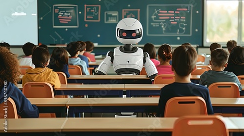 A course on AI robot teacher standing in front of a group of pupils in class.