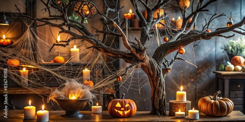 Dark and eerie Halloween decoration, with twisted branches and cobwebs, scary, tense, horror, decoration, design, spooky, creepy, eerie, haunted, gothic, atmospheric, frightening, macabre